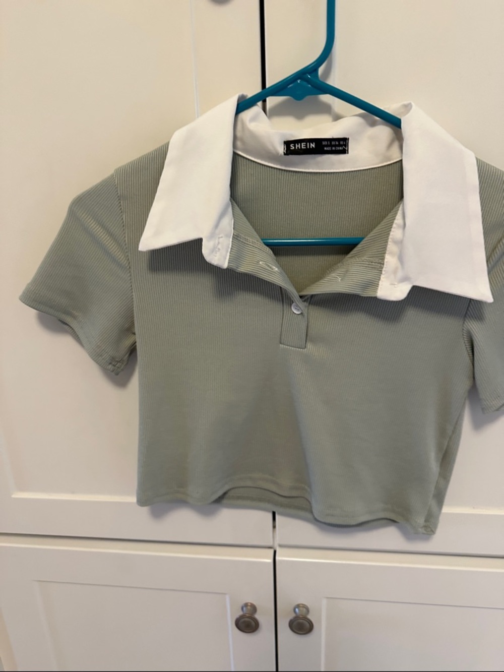 SHEIN Sage Green Ribbed Cropped Polo with White Collar